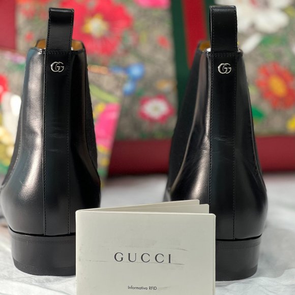 GUCCI BOOTS MENS CHELSEA ANKLE BLACK LEATHER NWT LOGO HARDWARE $900 sz 9 9.5